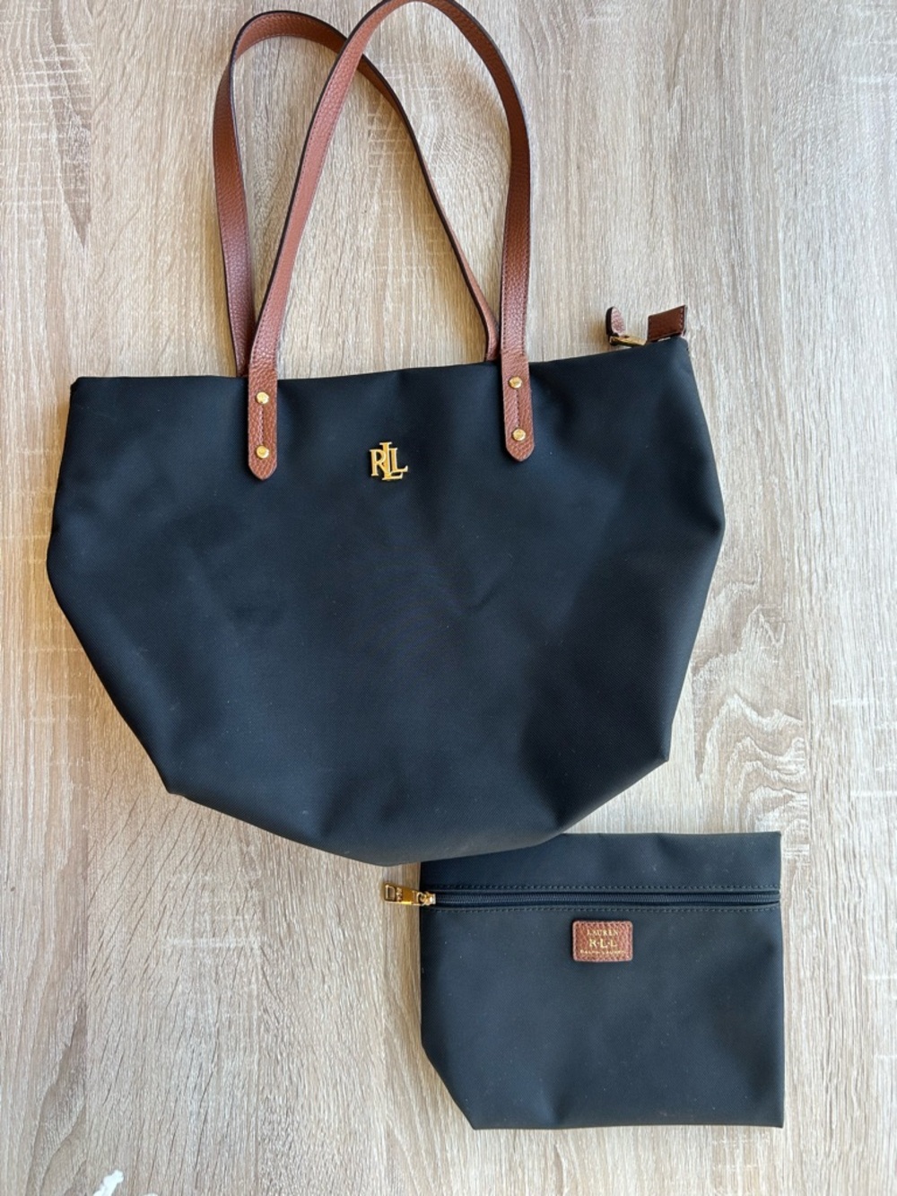 Ralph Lauren Black Nylon Tote with Brown Leather Trim and Gold Logo